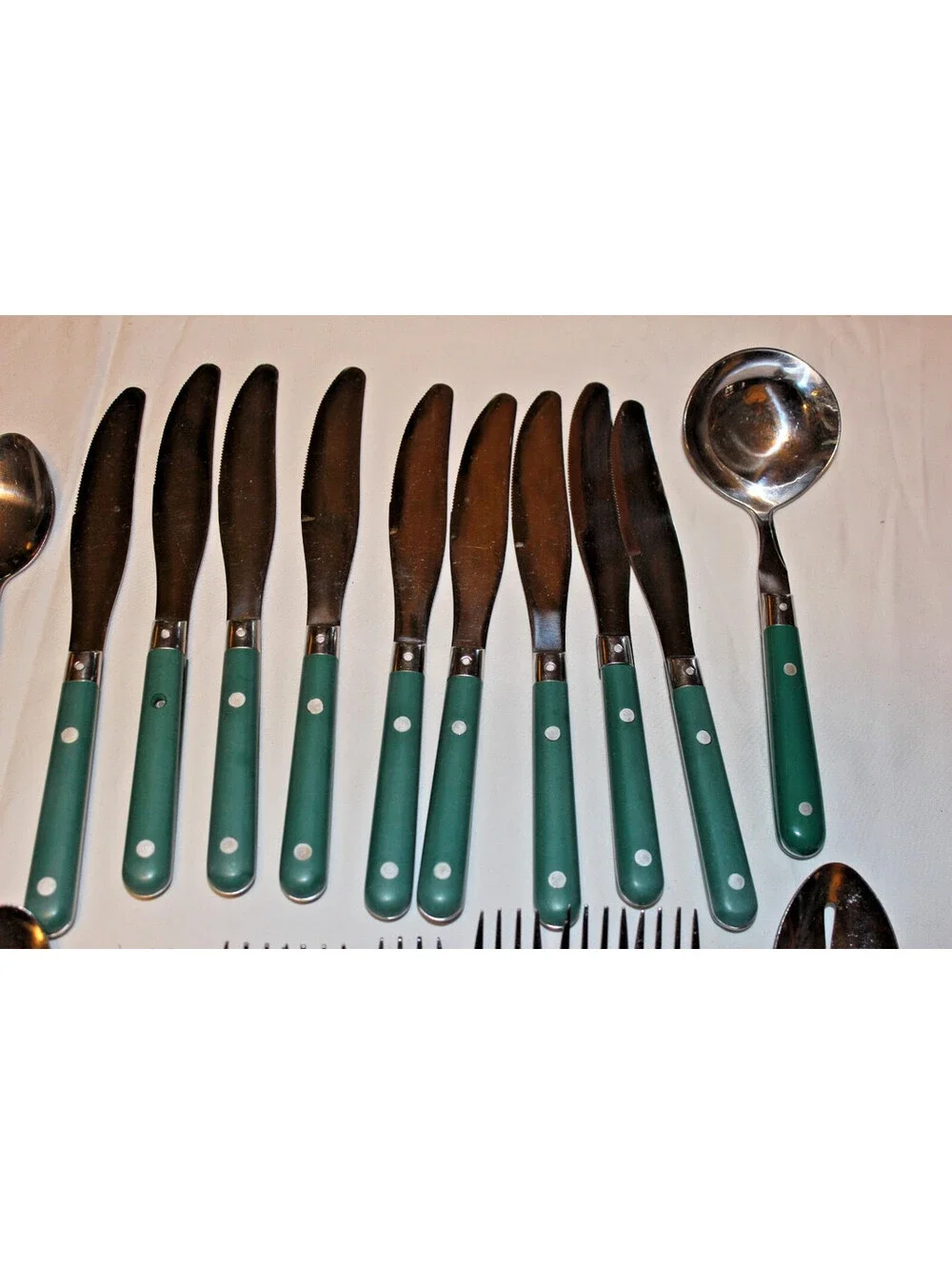 Vintage Mardi Gras Green Handle Stainless Flatware 35 Pc Lot WF China Retro